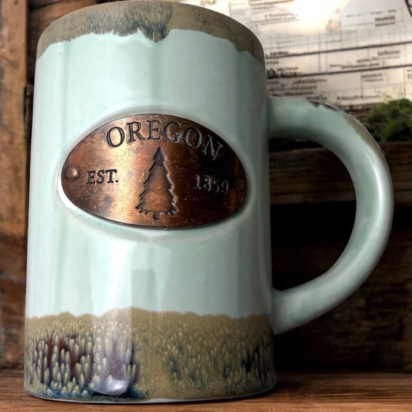 Oregon Copper Medallion Mug Americaware Drip Glaze Green Reactive Collectible - Picture 1 of 5